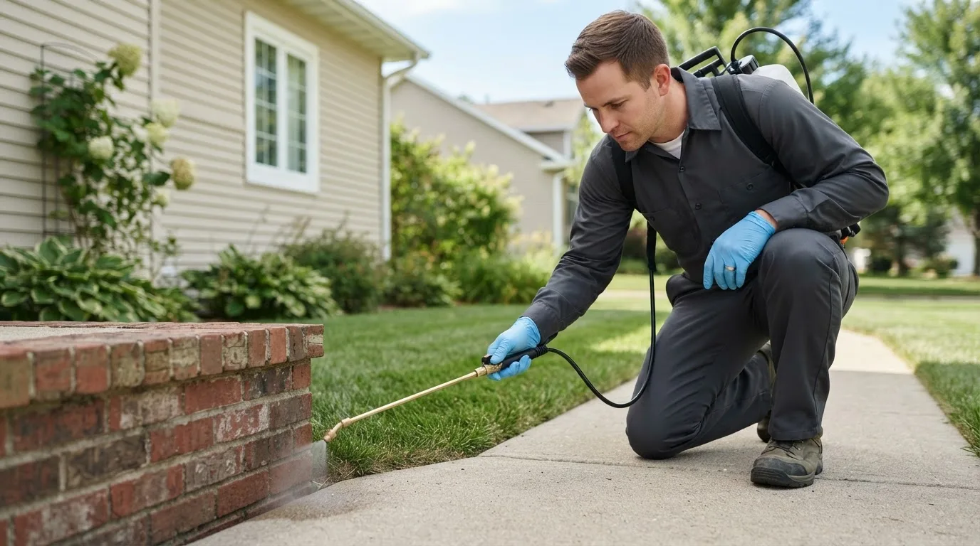Pest control technician treating a home near Avoca, MN