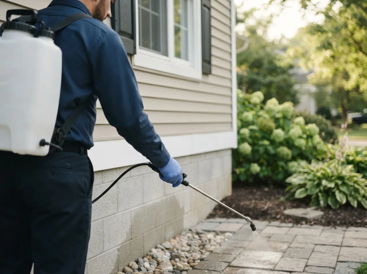 Pest control technician inspecting a home in Avoca, MN